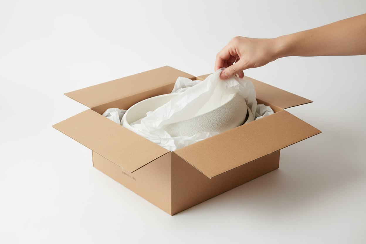Bowl in kraft paper packaging, unboxing experience