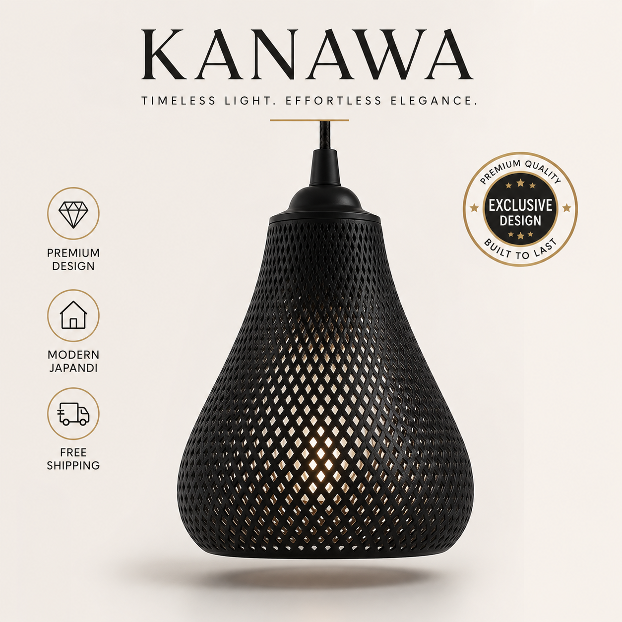 Kanawa 3D Printed Pendant Light - Modern Japandi Geometric Mesh Lamp Shade in Matte Black