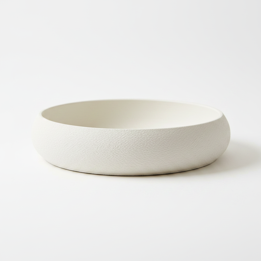 Side profile of white textured bowl on white background