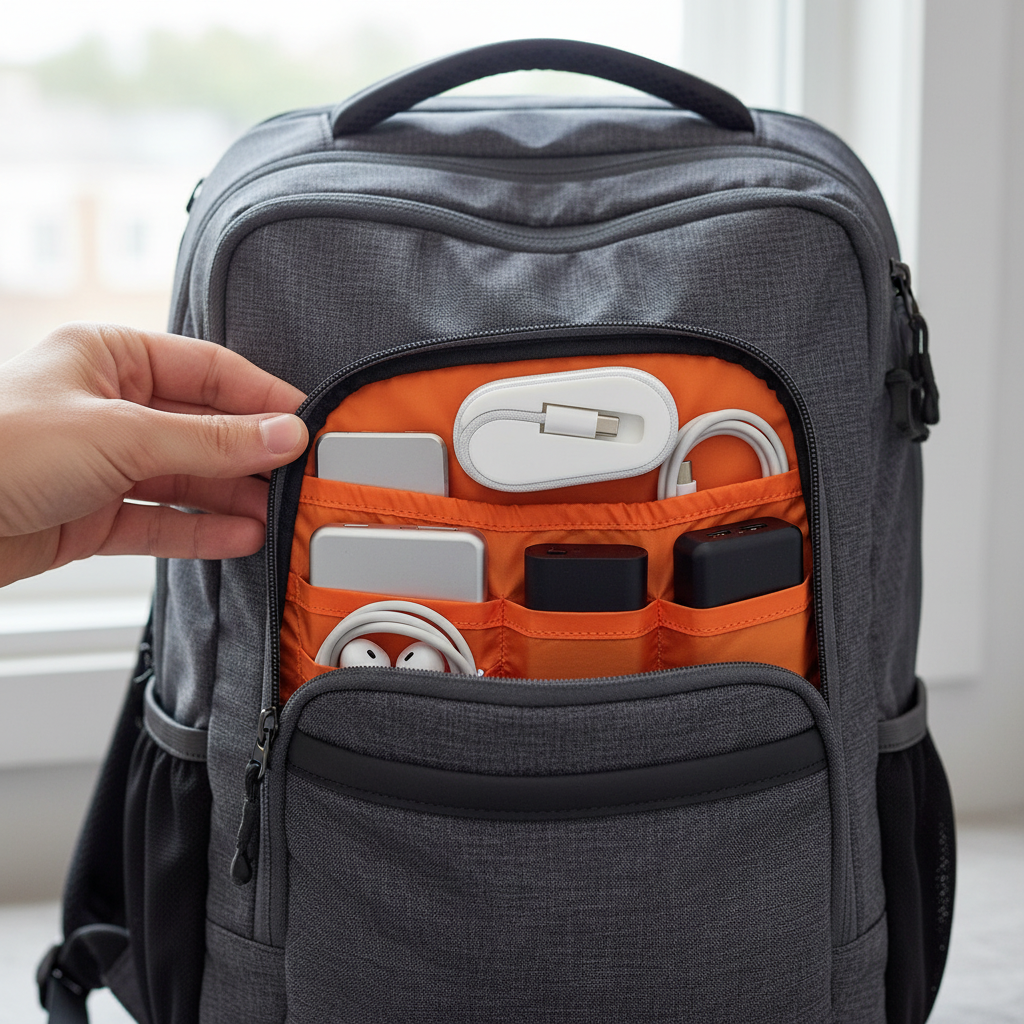 3D printed cable organizer inside travel bag