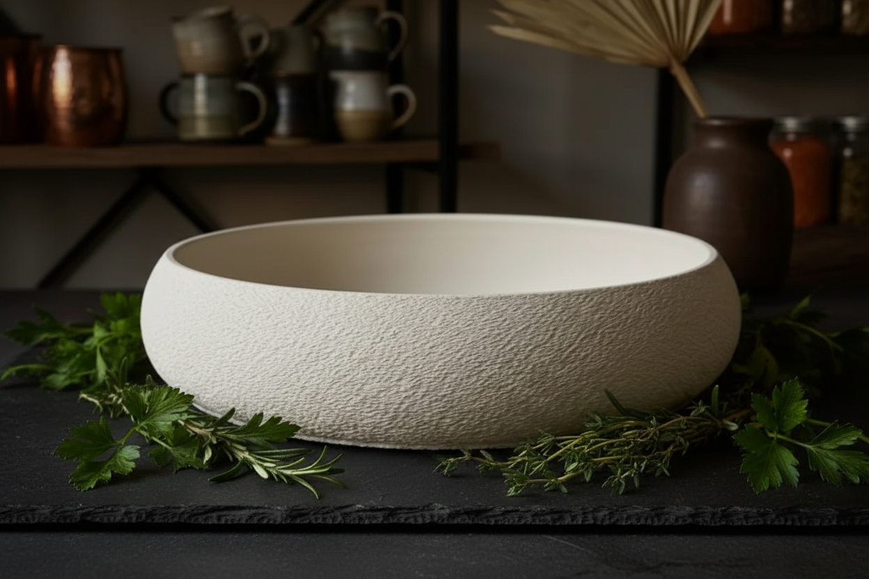 Bowl on dark slate with fresh herbs, moody lighting