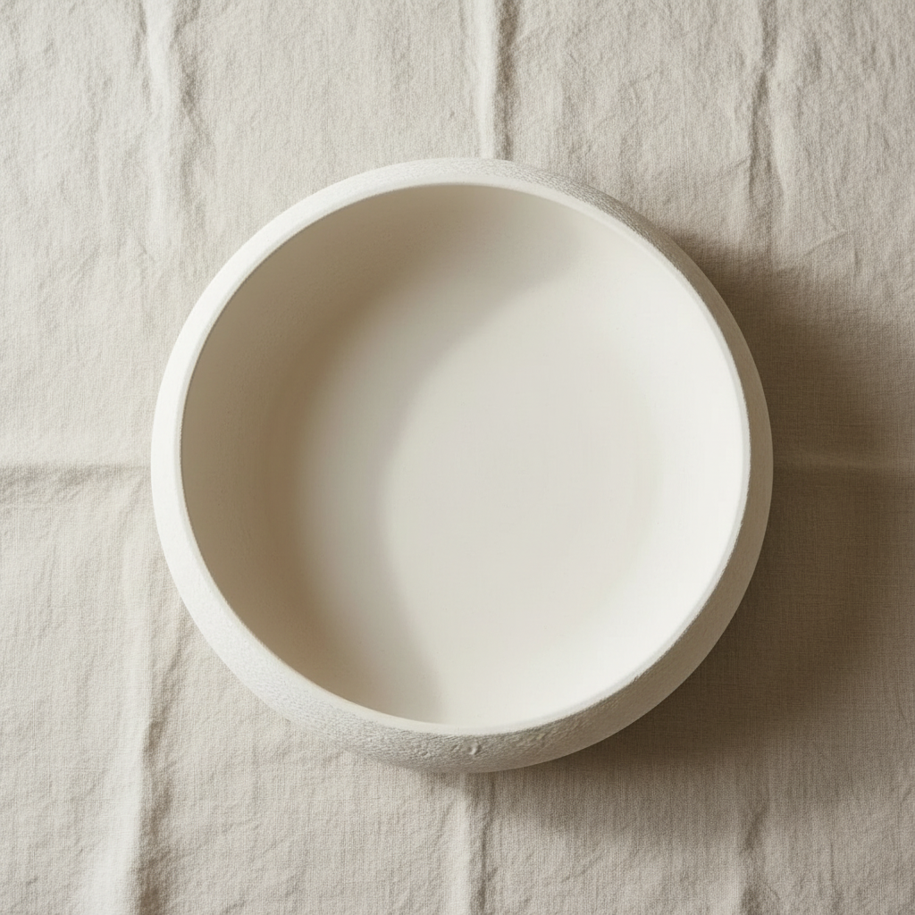 Top view of white textured bowl on linen cloth