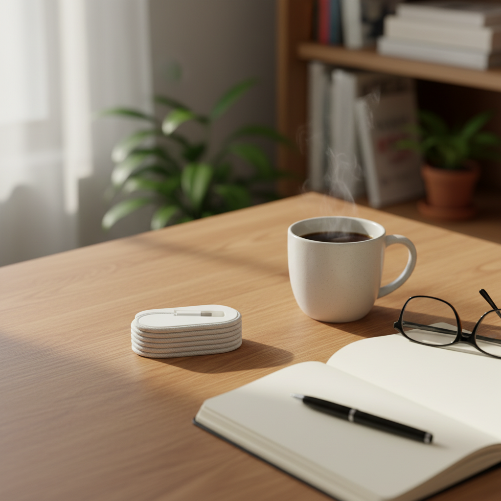 3D printed cable organizer on wooden desk home office