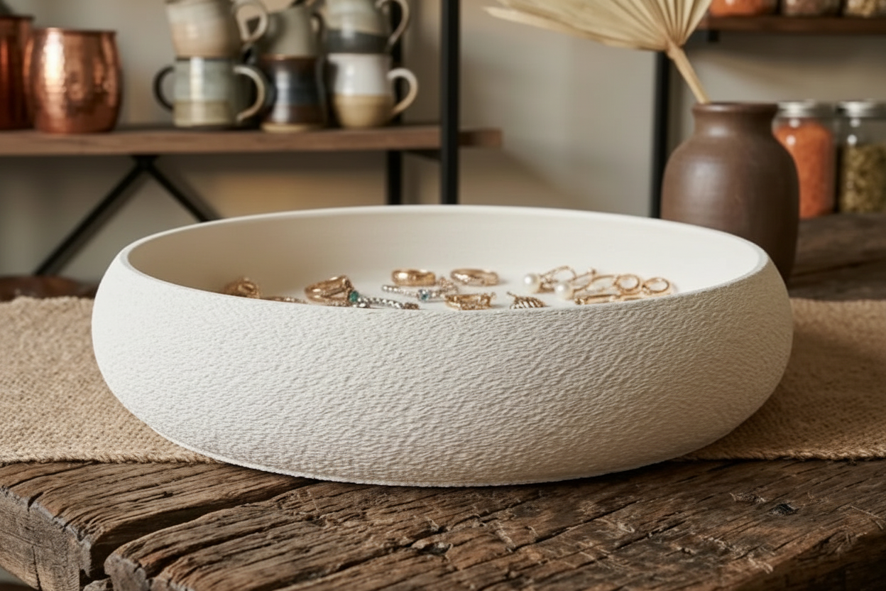 Bowl used as jewelry tray on vanity table