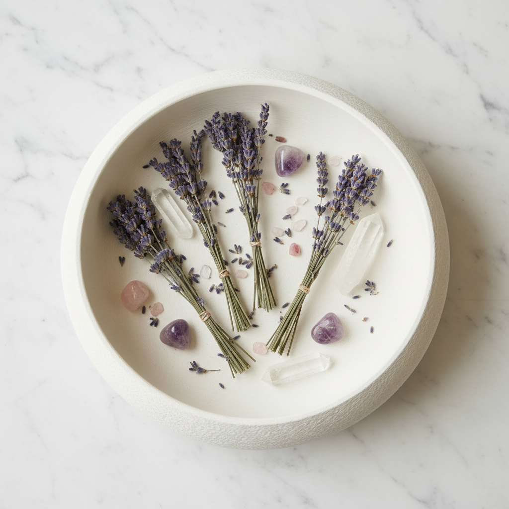 Bowl with dried lavender and crystals, flat lay marble