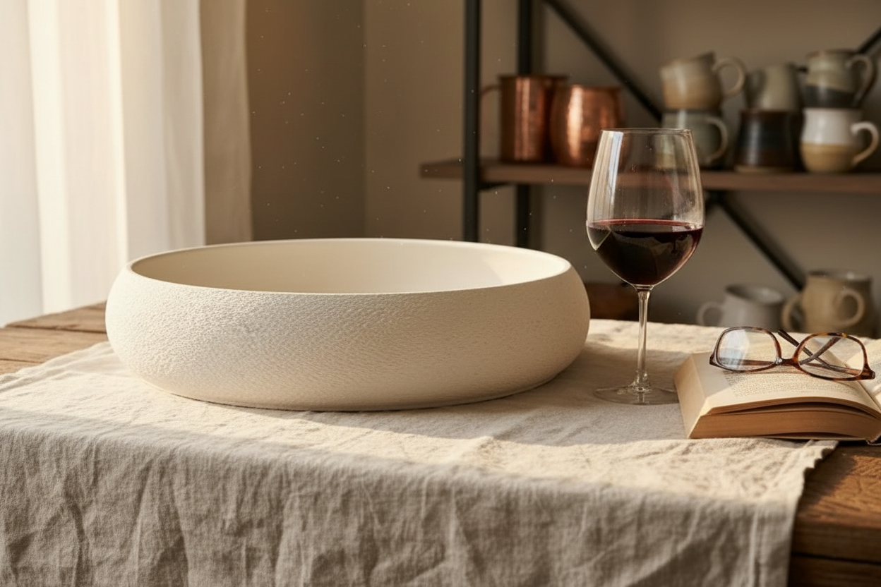 Bowl on linen tablecloth with wine and book
