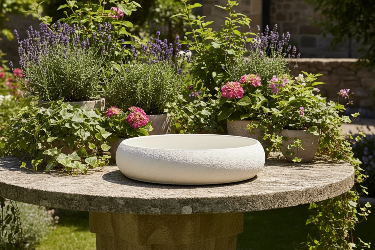 Bowl outdoors on garden stone table with flowers