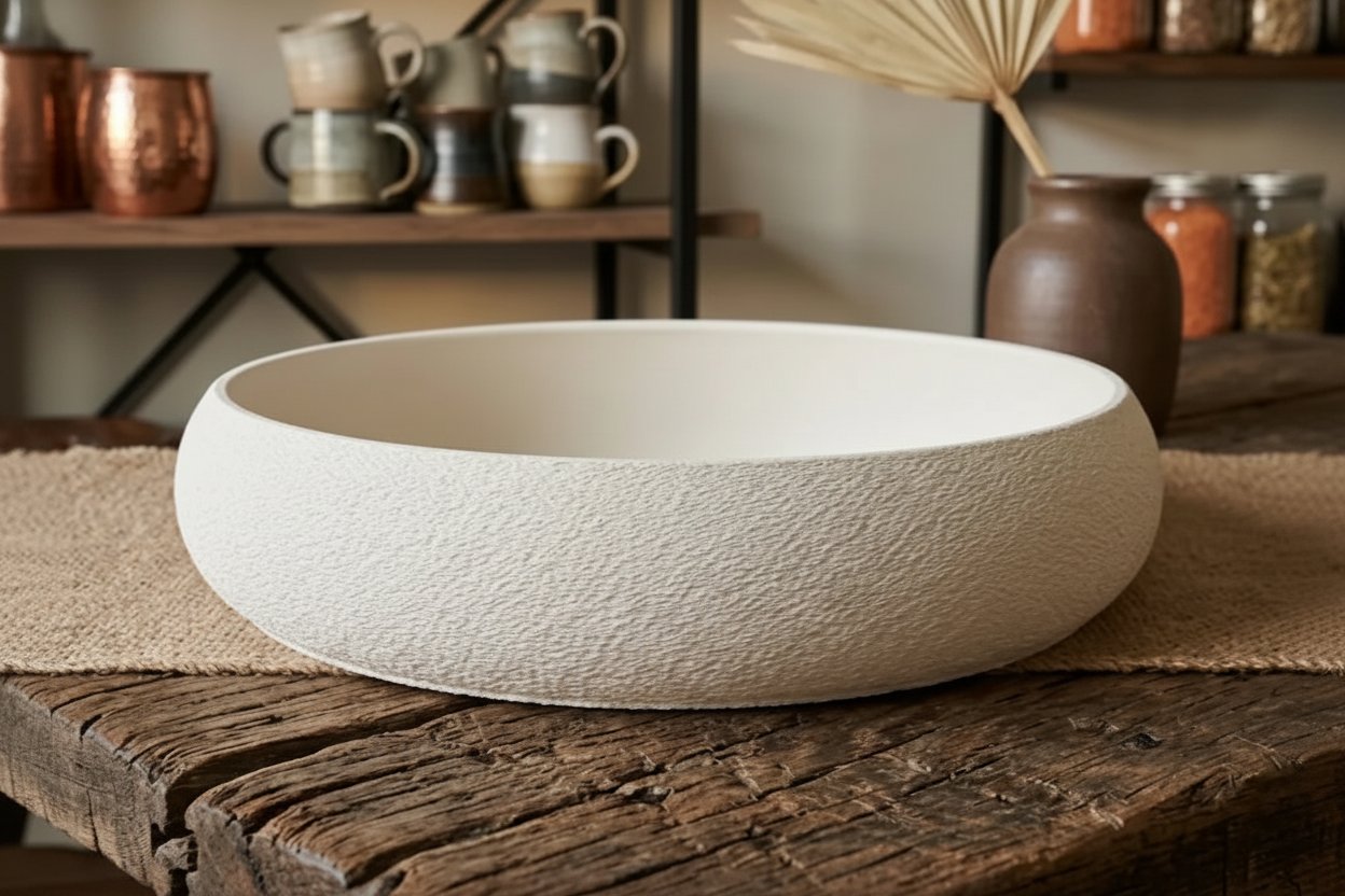 Rustic textured shallow bowl on wooden table, bohemian kitchen