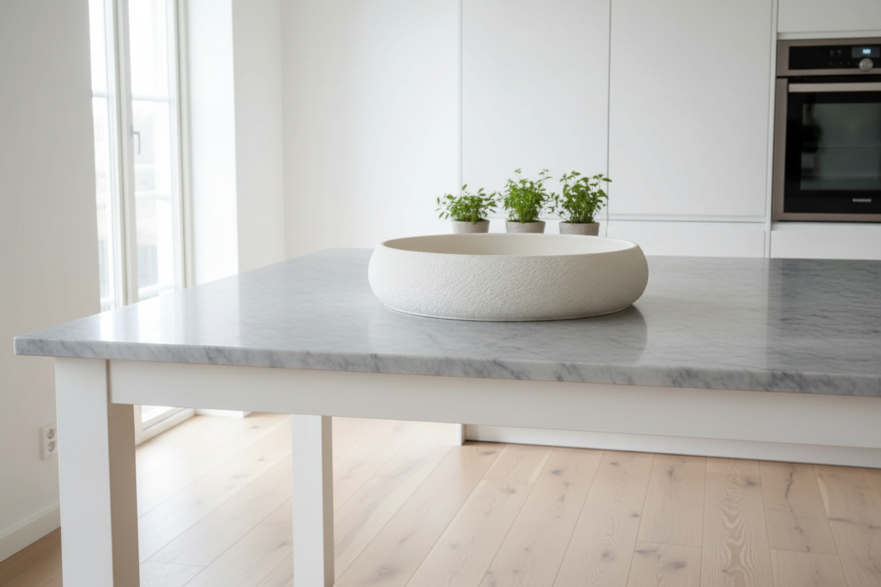 Bowl on marble countertop in modern kitchen