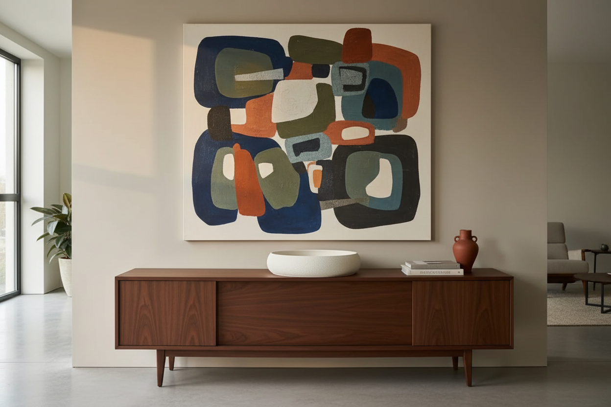 Bowl on mid-century modern sideboard with abstract art