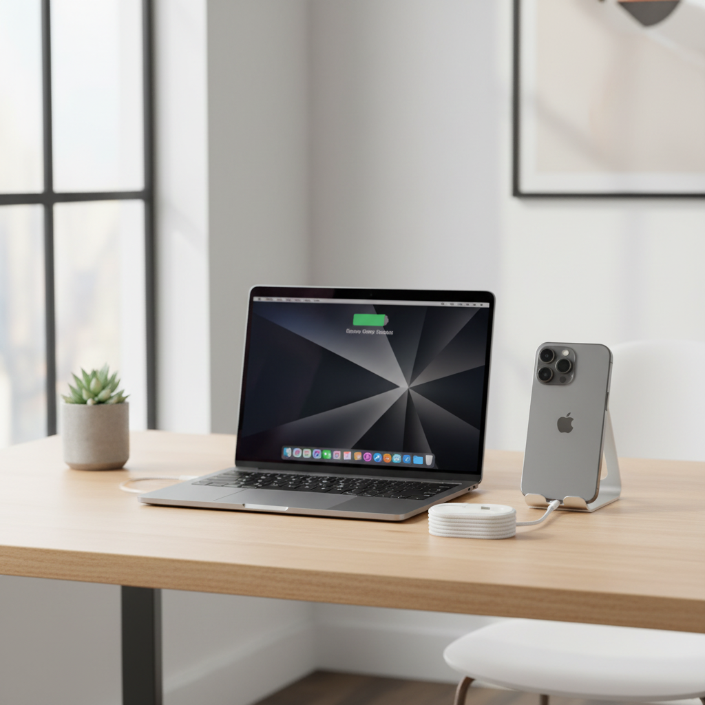 3D printed cable organizer on desk with MacBook and iPhone