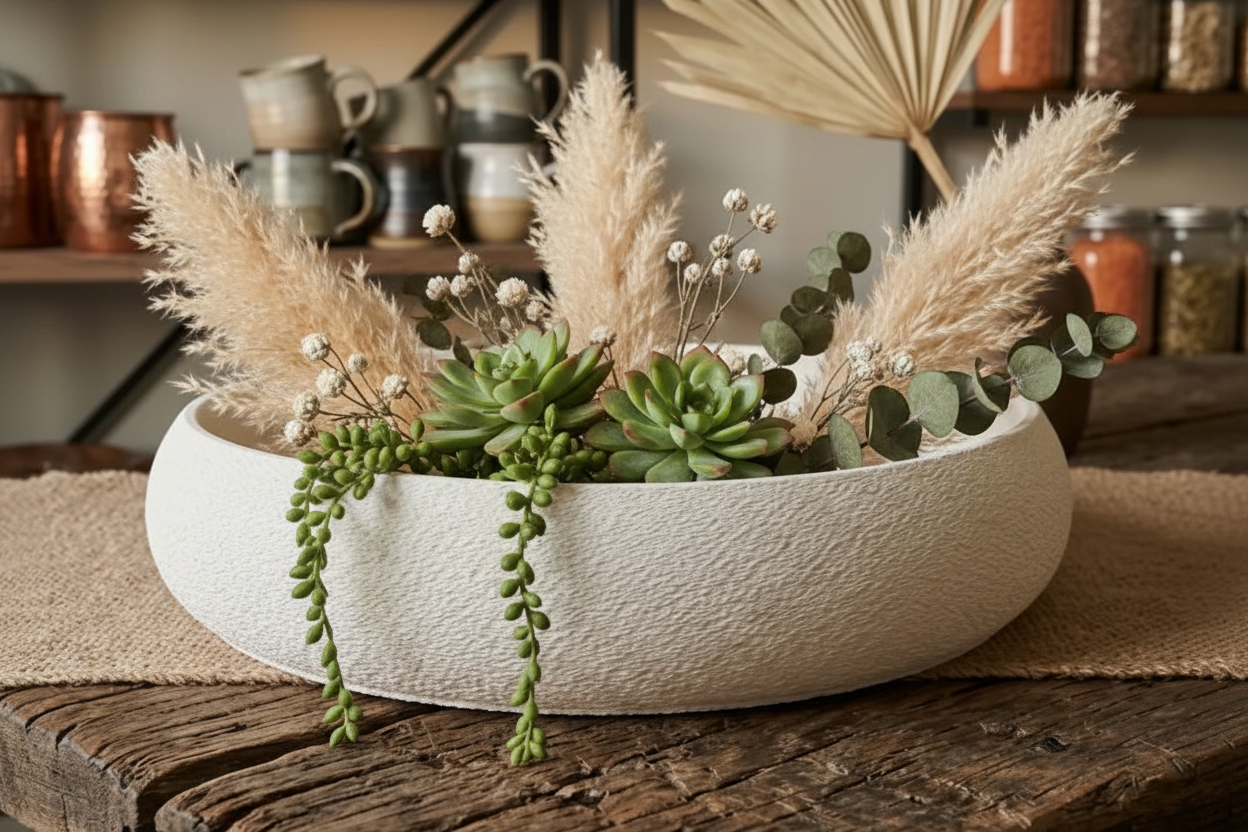 Bowl styled with dried pampas grass and succulents