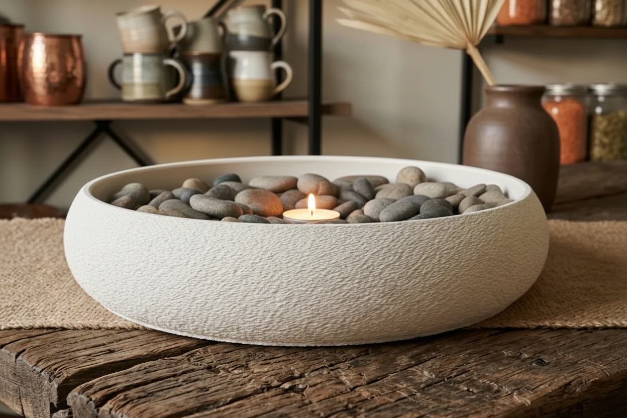 Bowl with river pebbles and tealight candle