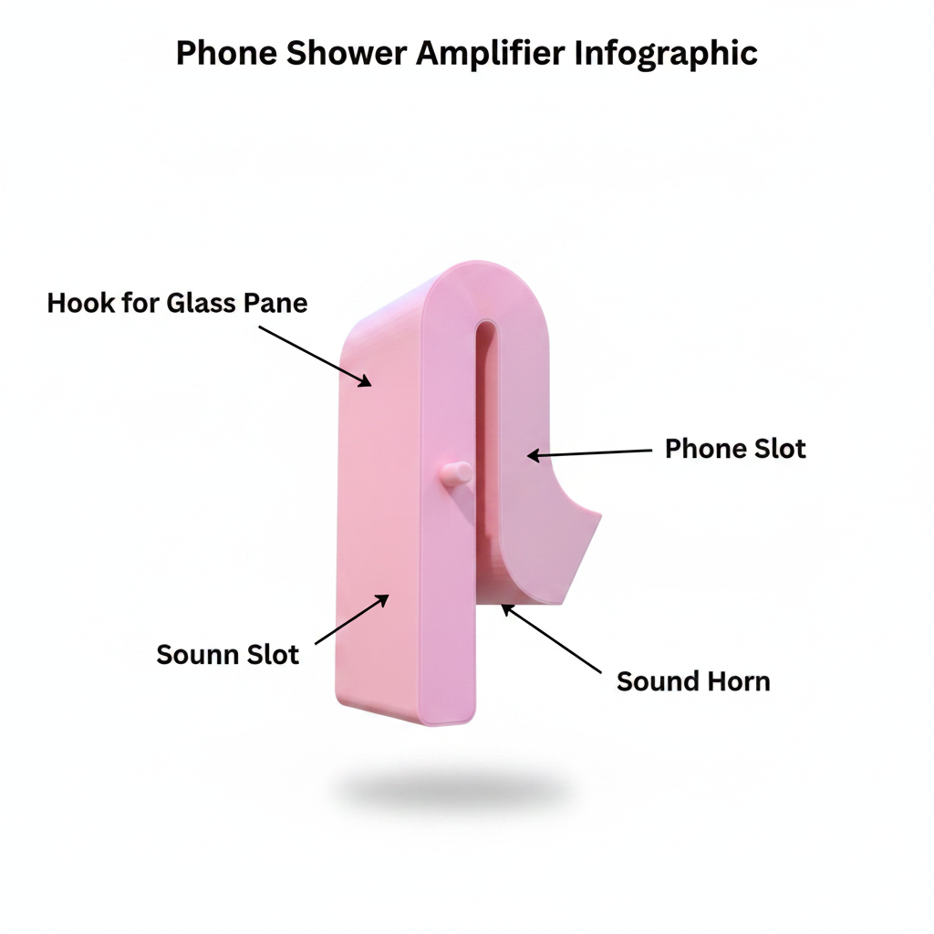 Phone Shower Amplifier - 3D Printed Sound Booster for Glass Shower Door - Waterproof Phone Holder